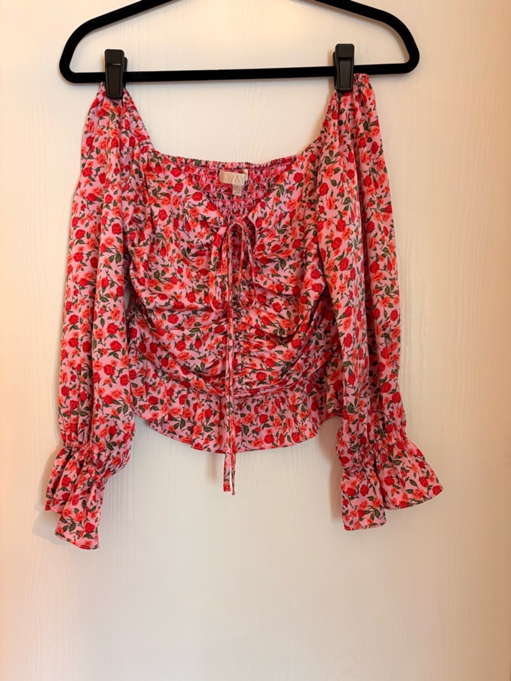 Wayf Pink Floral Drawstring Ruched Peasant Blouse